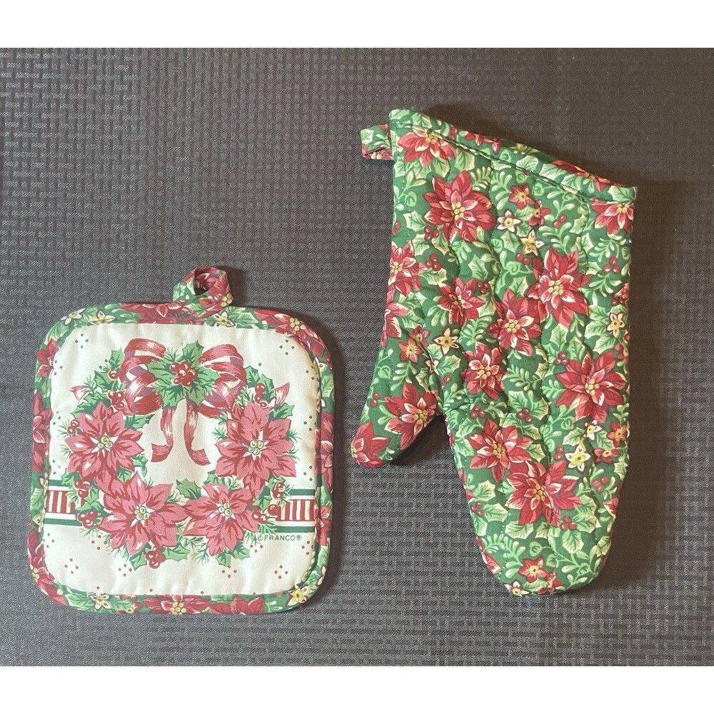 FRANCO CHRISTMAS OVEN MITT AND POT HOLDER  HOLLY POINSETTIA VINTAGE